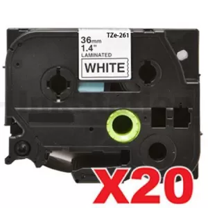20 x Compatible Brother TZe-261 36mm Black Text on White Laminated Tape - 8 meters