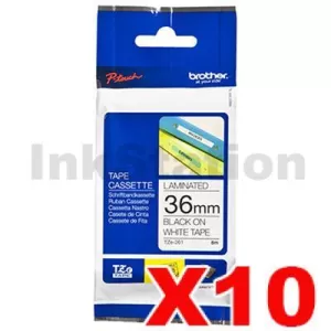 10 x Genuine Brother TZe-261 36mm Black Text on White Laminated Tape - 8 meters