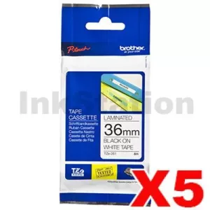 5 x Genuine Brother TZe-261 36mm Black Text on White Laminated Tape - 8 meters