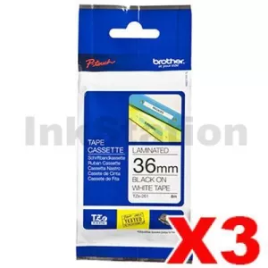3 x Genuine Brother TZe-261 36mm Black Text on White Laminated Tape - 8 meters