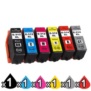 6 Pack Compatible for Epson 312XL 314XL High Yield Inkjet Cartridge Combo [1BK,1C,1M,1Y,1GY,1R]