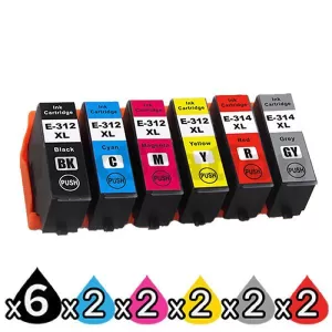 16 Pack Compatible for Epson 312XL 314XL High Yield Inkjet Cartridge Combo [6BK,2C,2M,2Y,2GY,2R]
