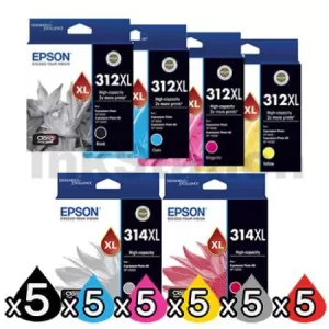 30 Pack Epson 312XL 314XL Genuine High Yield Inkjet Cartridge Combo [5BK,5C,5M,5Y,5GY,5R]