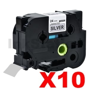 10 x Compatible Brother TZe-951 24mm Black Text on Silver Laminated Tape - 8 meters