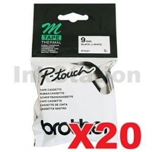 20 x Genuine Brother M-K221 9mm Black Text on White Tape - 8 meters