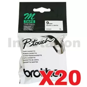 20 x Genuine Brother M-K221 9mm Black Text on White Tape - 8 meters