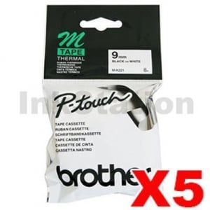 5 x Genuine Brother M-K221 9mm Black Text on White Tape - 8 meters