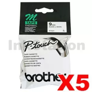 5 x Genuine Brother M-K221 9mm Black Text on White Tape - 8 meters