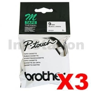 3 x Genuine Brother M-K221 9mm Black Text on White Tape - 8 meters