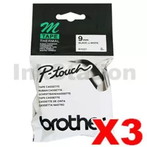3 x Genuine Brother M-K221 9mm Black Text on White Tape - 8 meters