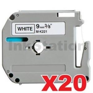 20 x Compatible Brother M-K221 9mm Black Text on White Tape - 8 meters