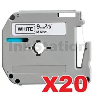 20 x Compatible Brother M-K221 9mm Black Text on White Tape - 8 meters