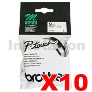 10 x Genuine Brother M-K221 9mm Black Text on White Tape - 8 meters