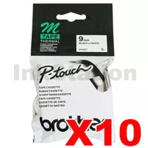 10 x Genuine Brother M-K221 9mm Black Text on White Tape - 8 meters