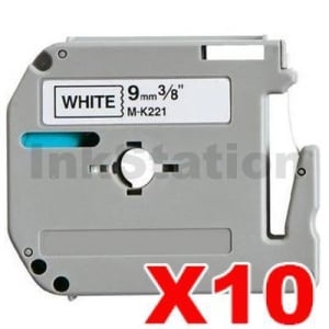 10 x Compatible Brother M-K221 9mm Black Text on White Tape - 8 meters