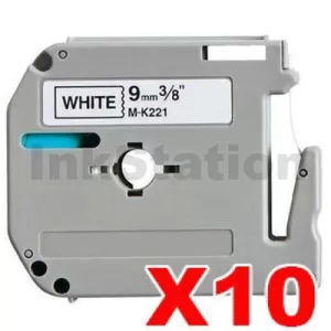 10 x Compatible Brother M-K221 9mm Black Text on White Tape - 8 meters