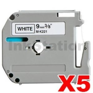 5 x Compatible Brother M-K221 9mm Black Text on White Tape - 8 meters