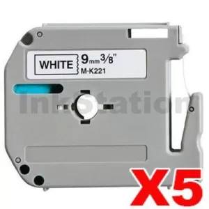 5 x Compatible Brother M-K221 9mm Black Text on White Tape - 8 meters