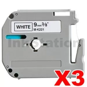 3 x Compatible Brother M-K221 9mm Black Text on White Tape - 8 meters