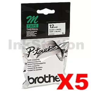 5 x Genuine Brother M-K231 12mm Black Text on White Tape - 8 meters