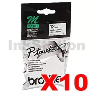 10 x Genuine Brother M-K231 12mm Black Text on White Tape - 8 meters