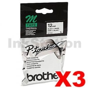 3 x Genuine Brother M-K231 12mm Black Text on White Tape - 8 meters