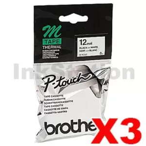 3 x Genuine Brother M-K231 12mm Black Text on White Tape - 8 meters