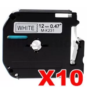 10 x Compatible Brother M-K231 12mm Black Text on White Tape - 8 meters