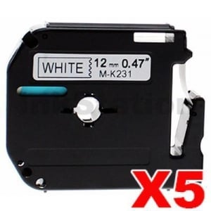 5 x Compatible Brother M-K231 12mm Black Text on White Tape - 8 meters