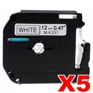 5 x Compatible Brother M-K231 12mm Black Text on White Tape - 8 meters