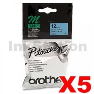 5 x Genuine Brother M-K531 12mm Black Text on Blue Tape - 8 meters