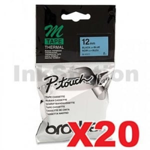 20 x Genuine Brother M-K531 12mm Black Text on Blue Tape - 8 meters