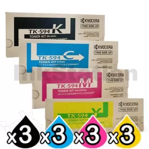 3 sets of 4 Pack Genuine Kyocera TK-594 Toner Cartridges FS-C2026MFP, FS-C2126MFP, FS-C2526MFP, FS-C2626MFP, FS-C5250DN, M-6026CDN, M-6526CDN, P-6026CDN [3BK,3C,3M,3Y]