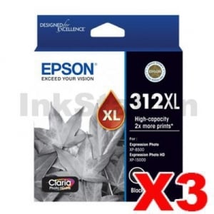 3 x Epson 312XL (C13T183192) Genuine Black High Yield Inkjet Cartridge