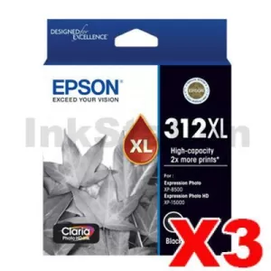 3 x Epson 312XL (C13T183192) Genuine Black High Yield Inkjet Cartridge