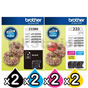2 x Genuine Brother LC-233BK + LC-233CL3PK Ink Combo [2BK+2C+2M+2Y]