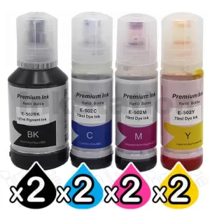 8-Pack Compatible for Epson T502 EcoTank Ink Bottles [2BK+2C+2M+2Y]