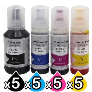 20-Pack Compatible for Epson T502 EcoTank Ink Bottles [5BK+5C+5M+5Y]