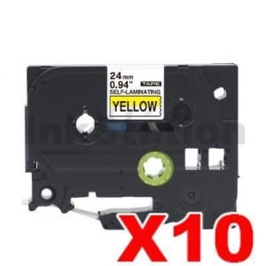 10 x Compatible Brother TZe-SL651 24mm Black Text on Yellow Self-Laminating Label for Cables & Wires - 8 metres