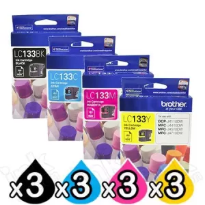 12 Pack Genuine Brother LC-133 Ink Cartridges [3BK+3C+3M+3Y]