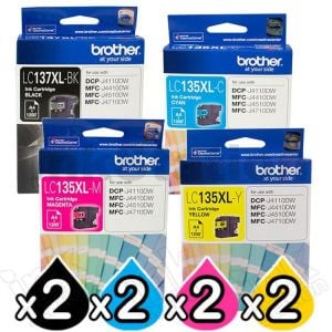 8 Pack Genuine Brother LC-137XL/LC-135XL High Yield Ink Combo [2BK+2C+2M+2Y]