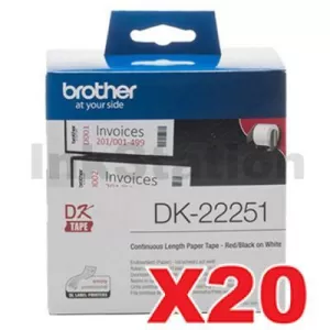 20 x Genuine Brother DK-22251 Black & Red Text on White Continuous Label Roll 62mm x 15.24m