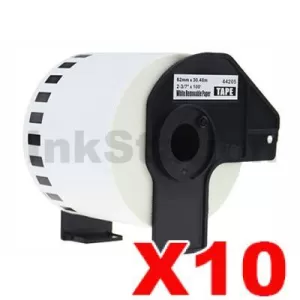 10 x Compatible Brother DK-44205 Removable Black Text on White Continuous Paper Label Roll 62mm x 30.48m