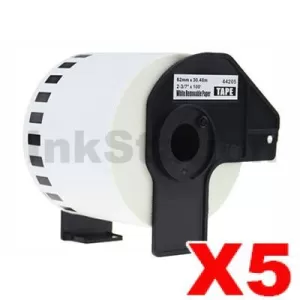 5 x Compatible Brother DK-44205 Removable Black Text on White Continuous Paper Label Roll 62mm x 30.48m