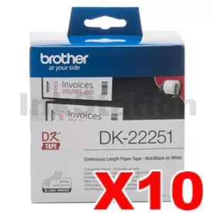 10 x Genuine Brother DK-22251 Black & Red Text on White Continuous Label Roll 62mm x 15.24m