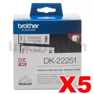 5 x Genuine Brother DK-22251 Black & Red Text on White Continuous Label Roll 62mm x 15.24m