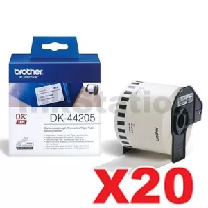 20 x Genuine Brother DK-44205 Removable Black Text on White Continuous Paper Label Roll 62mm x 30.48m