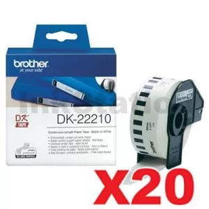 20 x Genuine Brother DK-22210 Black Text on White Continuous Paper Label Roll 29mm x 30.48m