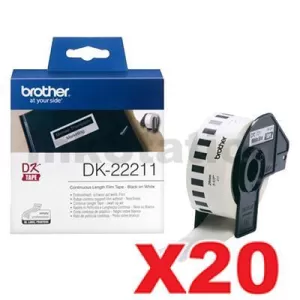 20 x Genuine Brother DK-22211 Black Text on White Continuous Film Label Roll 29mm x 15.24m