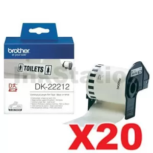 20 x Genuine Brother DK-22212 Black Text on White Continuous Film Label Roll 62mm x 15.24m